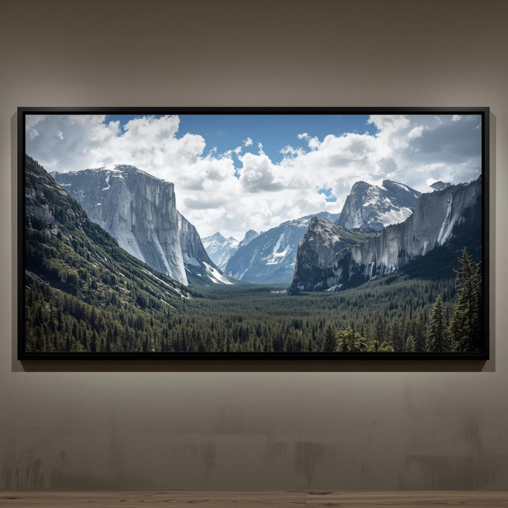Wide, large-format framed photo of Yosemite Valley with El Capitan, Half Dome, and a forest in the foreground, showcasing large-scale landscape framing.