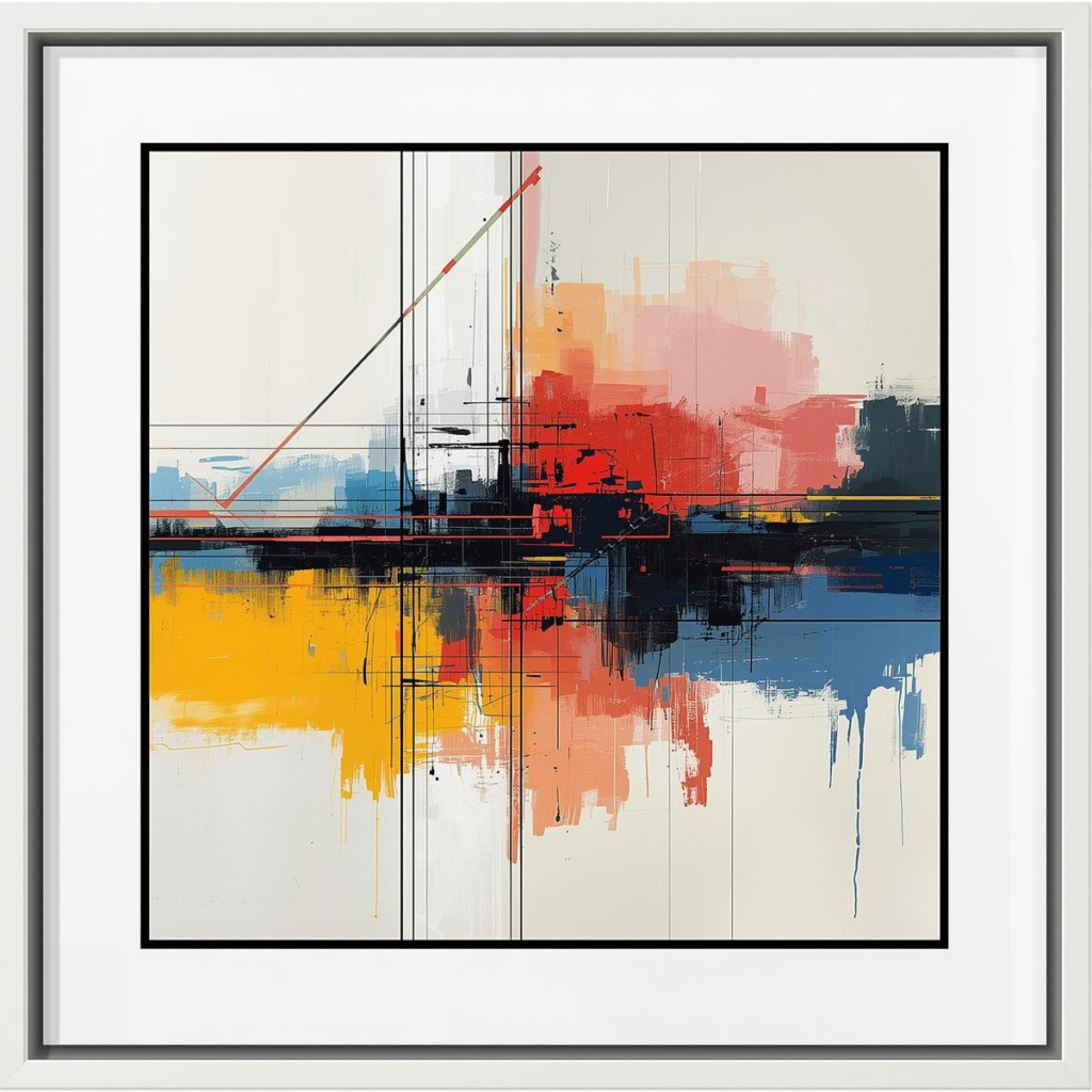 Abstract watercolor painting with blocks of bright color (red, yellow, blue) and geometric lines, framed in a modern white frame.