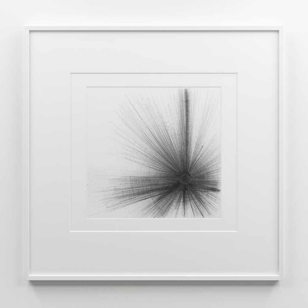 Contemporary black and white abstract pencil drawing of radiating lines in a white frame with a white mat.