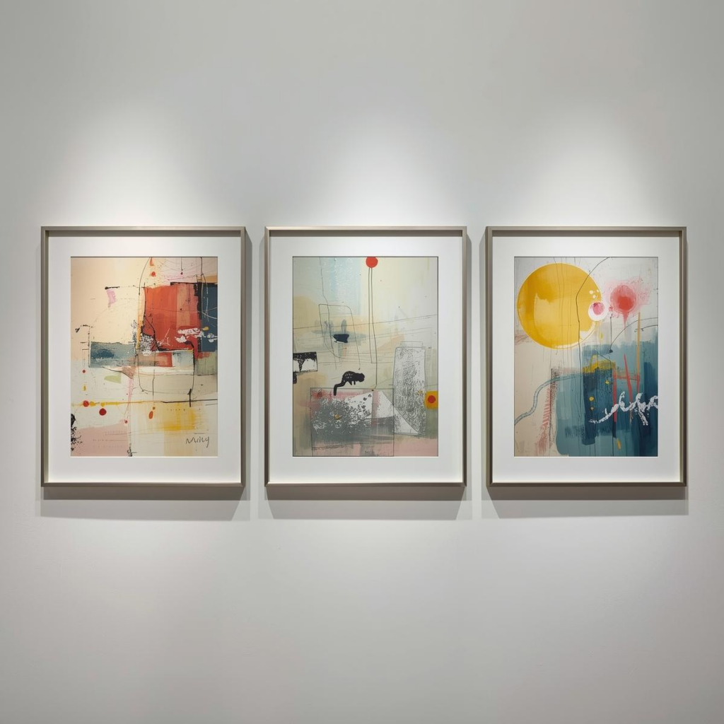 Gallery wall arrangement of three small, contemporary abstract art prints with soft colors and subtle geometric elements, framed in matching silver frames.