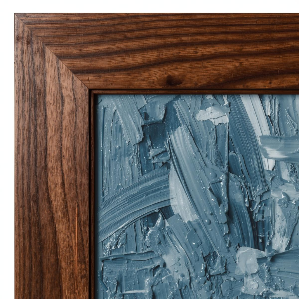 Close-up of a painting with thick, heavy blue-gray impasto texture, framed in a dark, rich walnut wood frame.