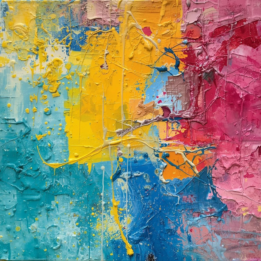 Close-up of a colorful, thickly textured abstract painting with splatters and layers of yellow, pink, turquoise, and blue acrylic paint.
