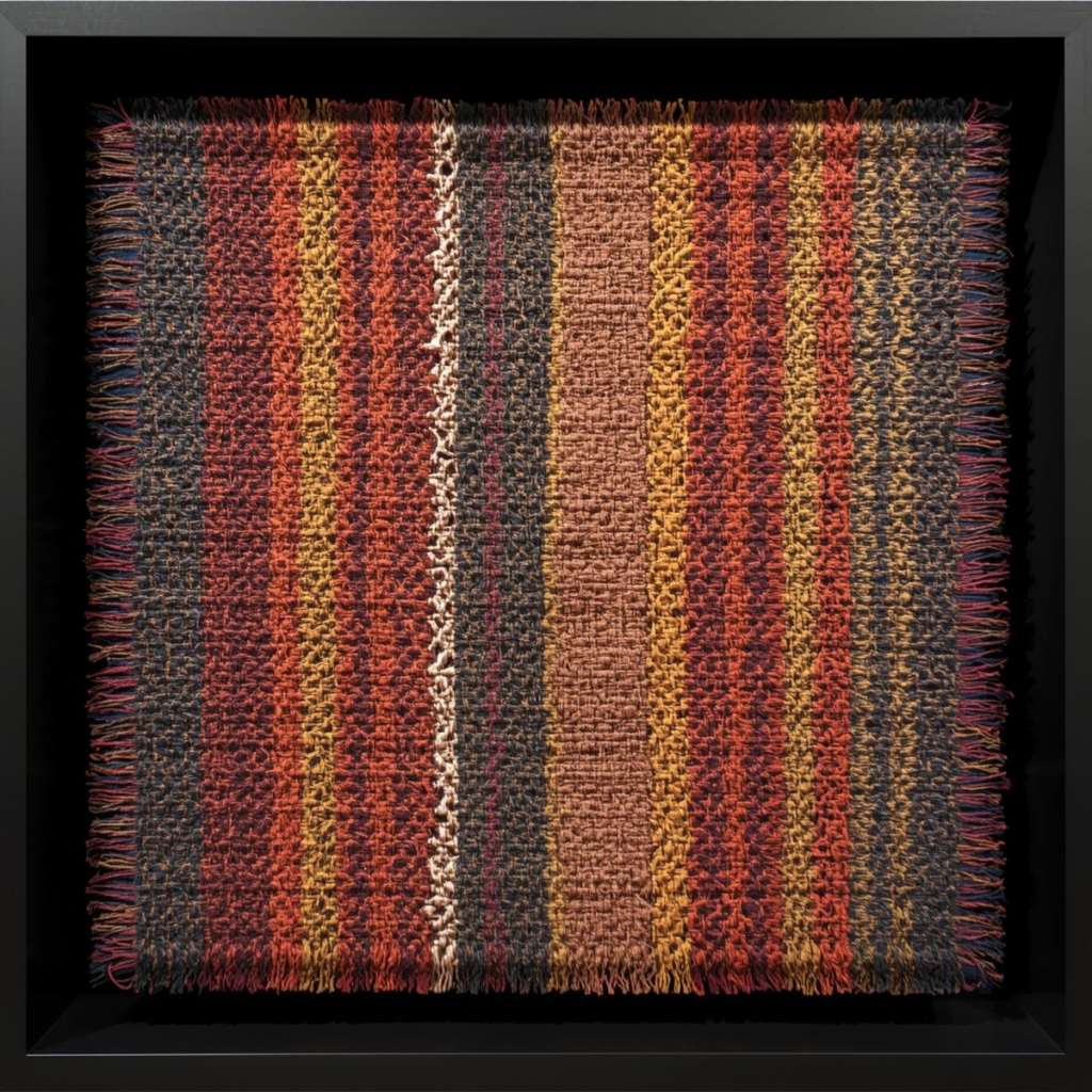 Textured woven artwork or tapestry in horizontal stripes of red, orange, and brown, displayed in a black shadow box frame.