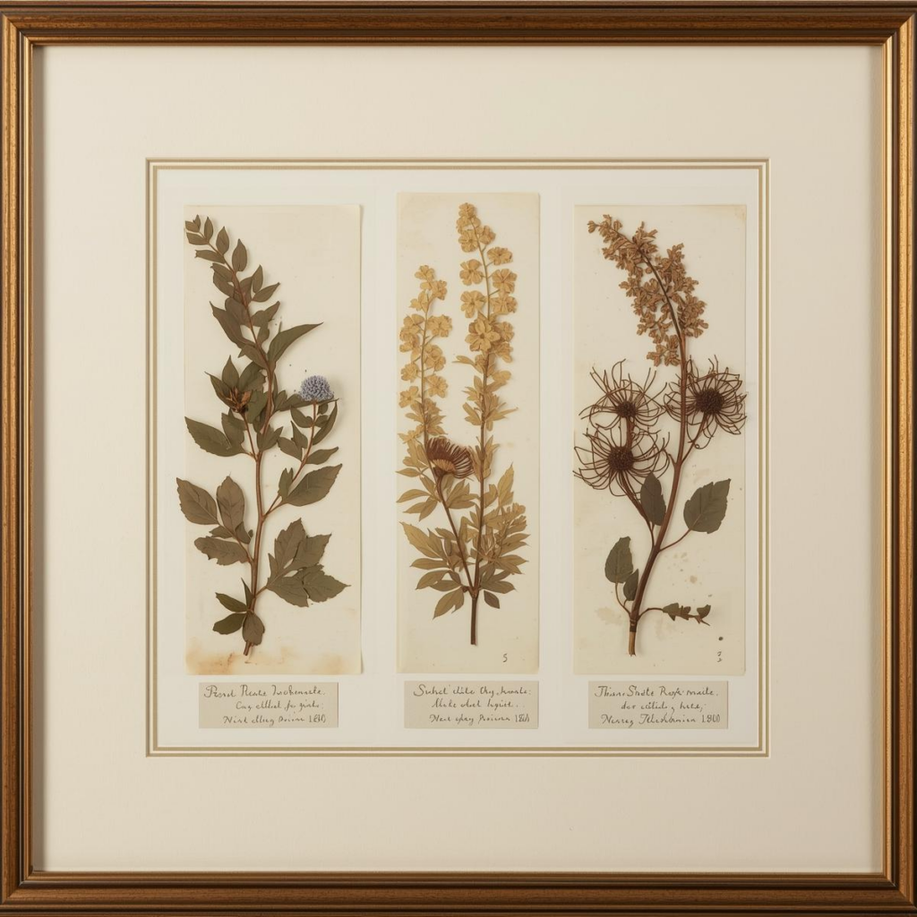 Three framed pressed botanical specimens (dried flowers and plants) with handwritten labels, demonstrating archival framing for historical or scientific items.