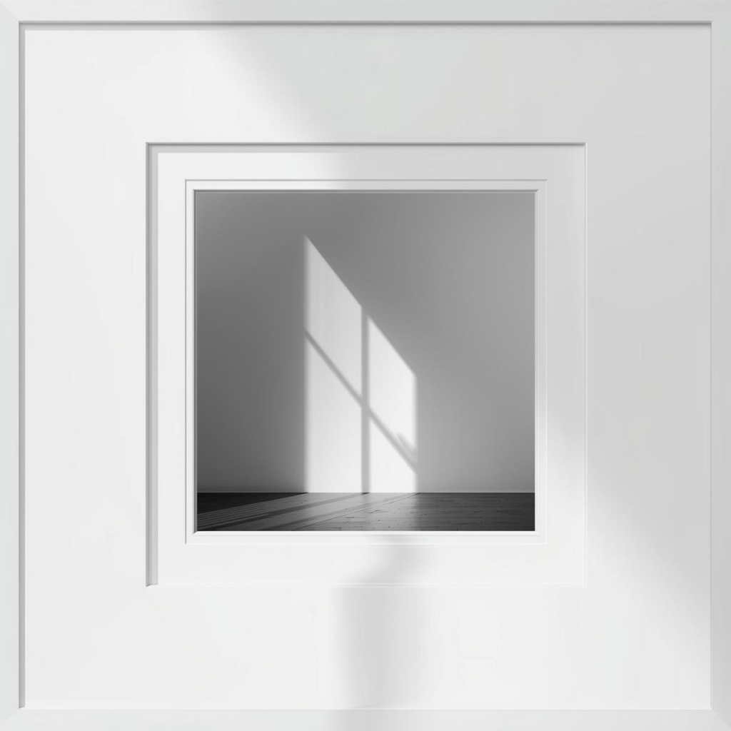Black and white photograph of an empty room with a window frame shadow cast on the white wall and dark wood floor, representing a simple, modern framed print.