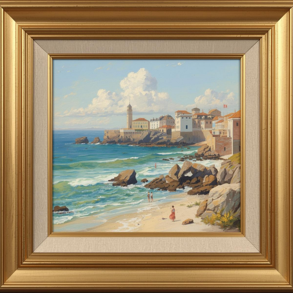 Classic oil painting of a sunny Mediterranean coastal town, featuring buildings on cliffs, a sandy beach, and crashing waves, framed in ornate gold.