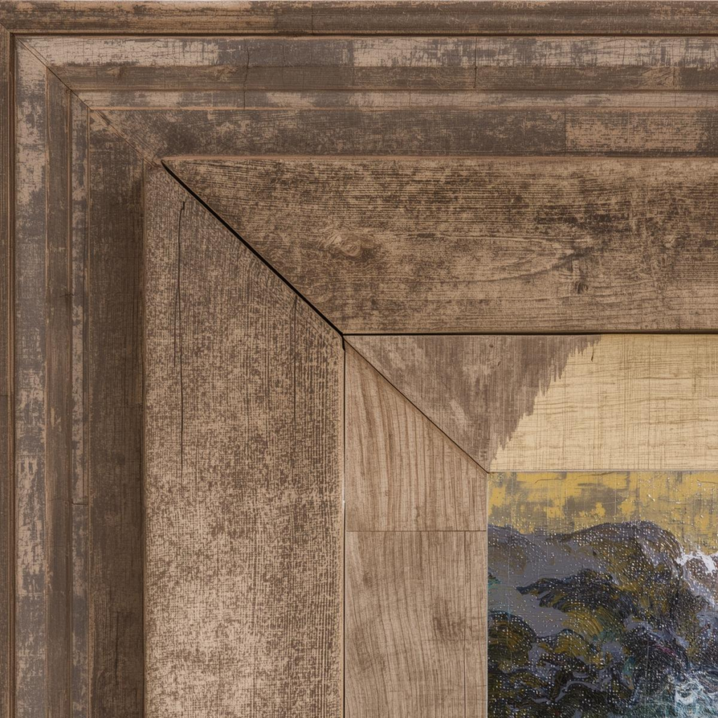 Extreme close-up of a rustic, heavily textured, reclaimed wood frame corner, showing the detail of a unique custom frame style.