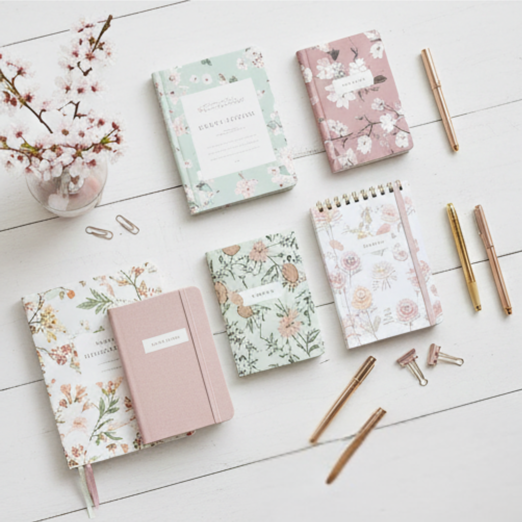 Six pastel floral notebooks and journals.